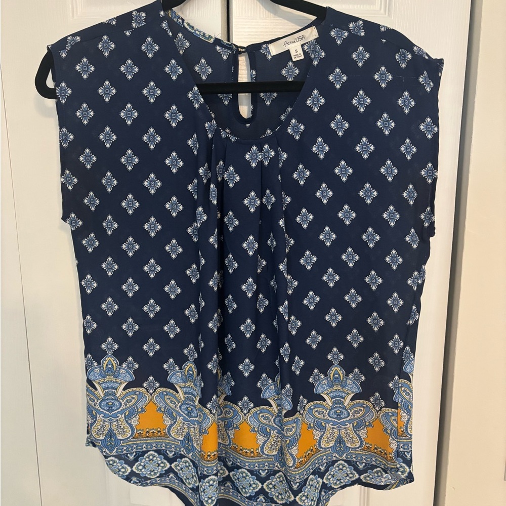 Azules Navy and Mustard Patterned Blouse